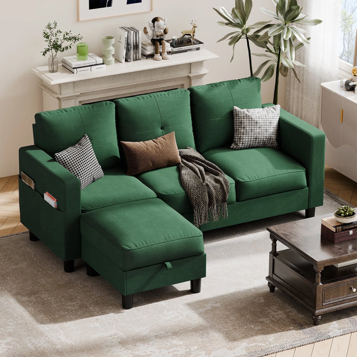 Convertible Sectional Sofa Couch L Shaped Couch Sofa for Living Room Small 3 Seater Sofa Couch with Storage Ottoman and Side Pockets(Green)