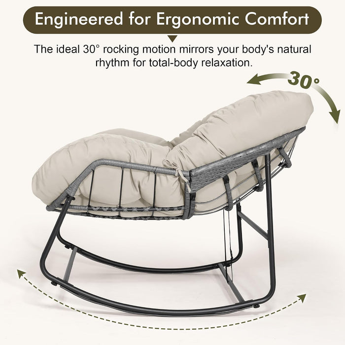 Oversized Egg Rocking Chair for Indoor Outdoor – All-Weather Wicker Rattan Lounge Chair with Cushion Patio Rocker for Porch Garden or Balcony (Beige)