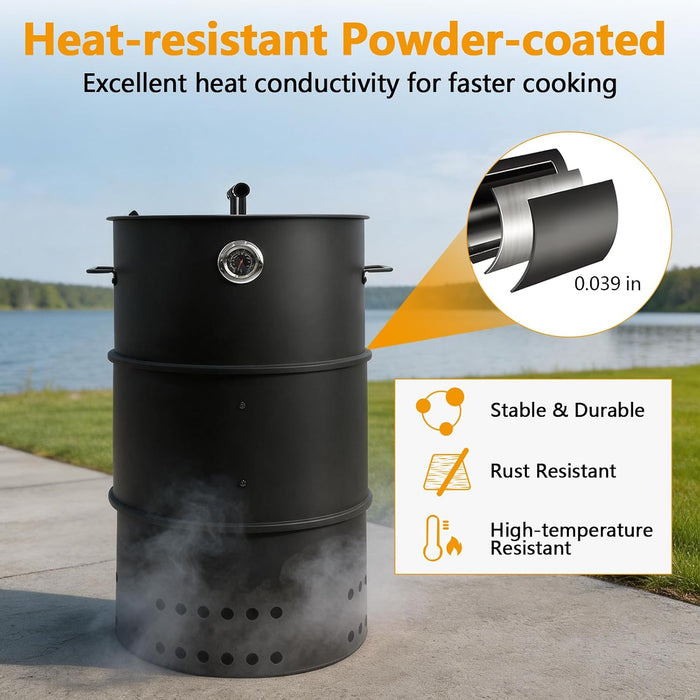 Charcoal Smoker Grill, 20" Barrel Smoker, Outdoor Barbecue Grill, Ideal for BBQ, Party, Backyard, Patio, Cooking, Heavy Duty round Grill, Vertical Smoker
