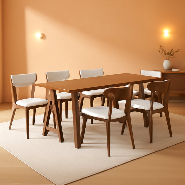 Rachel Mid-Century Modern 7 Piece Dining Set with A-Frame Table, Light Beige + Walnut