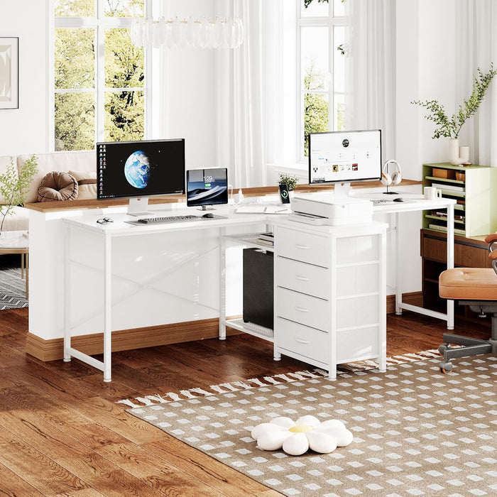 2 Person Desk & L Shaped Desk, 76.4'' Home Office Desk with 4 Drawers & Outlet, Corner Computer Desk with Metal Wire Shelf, Adjustable Drawer Orientation & Desk Shape for All Space, Brown