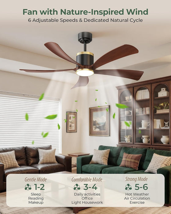 52" Premium Walnut Solid Wood Ceiling Fan with Light - Whisper-Quiet DC Motor, 6 Speeds, 3000K-6000K Dimmable LED, Remote Control with Timer, 2 Downrods for Indoor/Outdoor, A++ Energy Saving