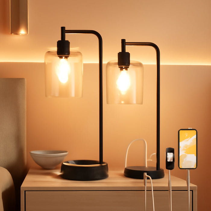 Industrial Touch Table Lamps for Bedrooms Set of 2 - 3-Way Dimmable Lamps with USB C+A Ports and Outlet, Black Bedside Lamps with Seeded Clear Glass Shade for Living Room, Desk Lamps for Home Office