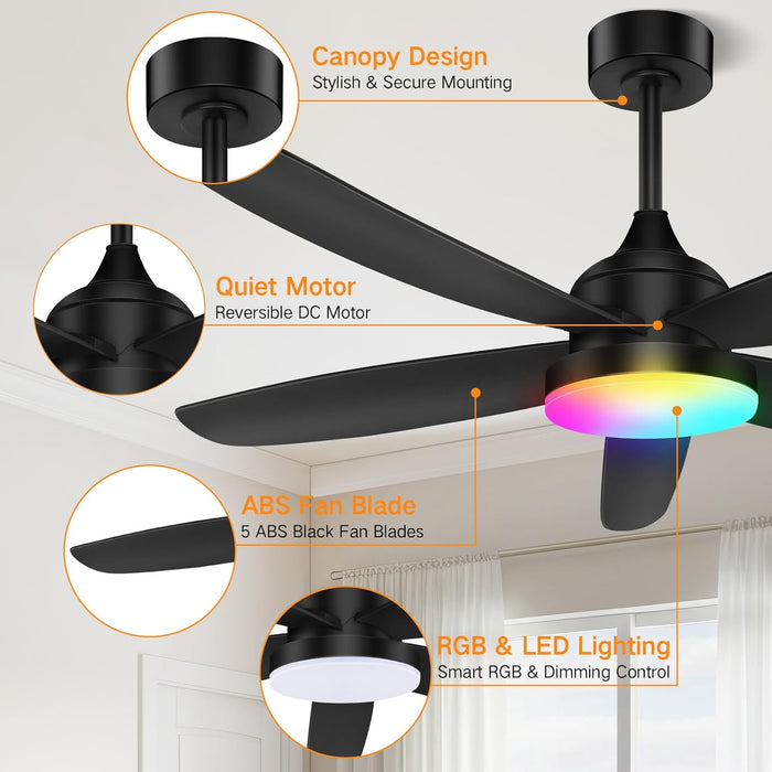Ceiling Fan with Light, Remote & APP Control, 42" Black RGB Ceiling Fans with 6 Reversible Speeds, 3000-6500K Stepless Dimming, Modern Small Low Profile Ceiling Fan for Bedroom/Indoor/Outdoor