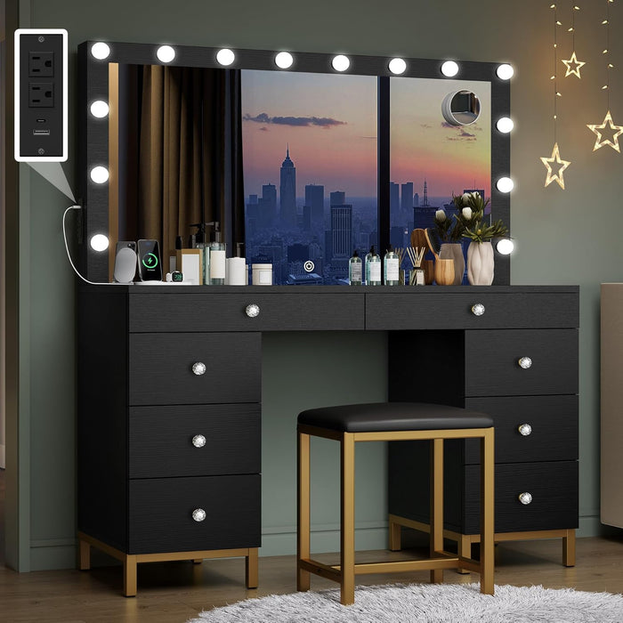 Makeup Vanity Desk with LED Mirror & Light, Large Makeup Table with 8 Drawers, Magnifying Glass, Power Outlets, Hairdryer Holder & Cushion Stool for Dressing Room, Black Vanity Set