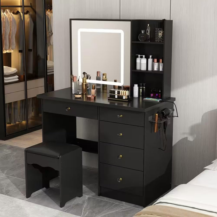 Black Makeup Vanity Set Dressing Table with Sliding LED Lighted Mirror Power Strip and Hair Dryer Holder, Drawers, Stool