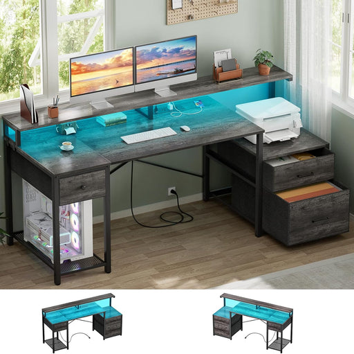 Computer Desk with 3 Drawers, Home Office Desk with File Drawer & Power Outlet, 59'' Gaming Desk with Led Lights, Work Desk with Storage Shelves, Printer Cabinet and Monitor Shelf, Grey Oak