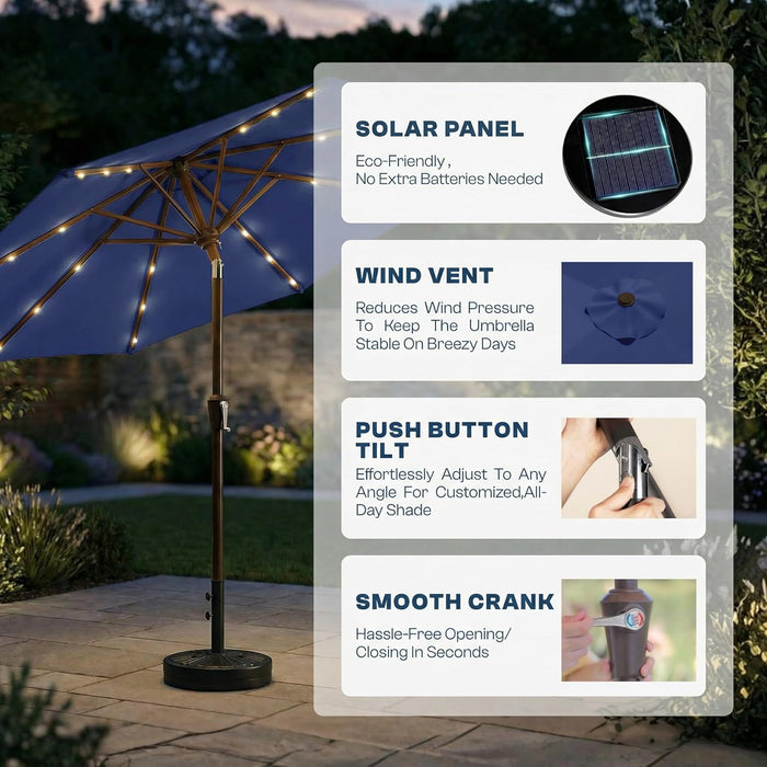 10FT Solar Patio Umbrella with Lights, Outdoor Table Market Umbrella with 32 LED Lights, 8 Sturdy Ribs, Push Button Tilt and Crank for Pool, Deck and Garden, Uv-Resistant