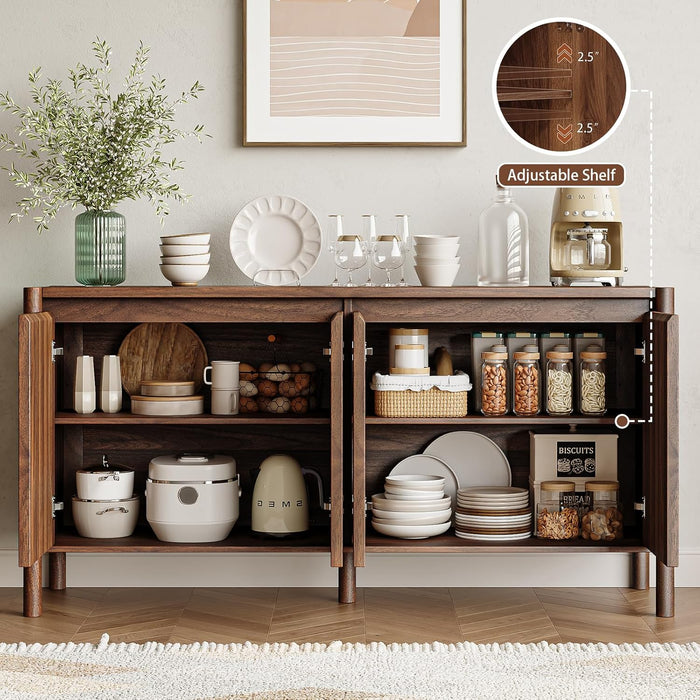 59 Inch Walnut Buffet Cabinet, Mid Century Wood Sideboard Storage | 4 Doors and Adjustable Shelves, Solid Wood round Legs. Ideal for Kitchen, Living Room, Coffee Bar, Dining Room.