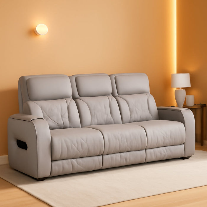 Boyington Contemporary Leather Match Power Reclining Sofa with USB Charging Ports, LED Lights and Adjustable Headrest, Light Gray