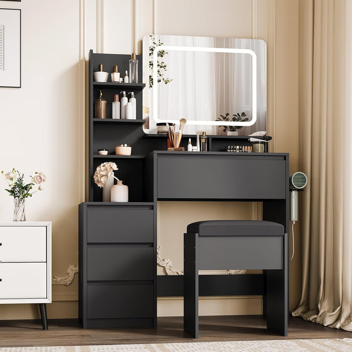 36-Inch Modern Vanity Desk with Mirror and Lights -Dressing Table with 3 Lighting Color Adjustable, Makeup Vanity Table with 4 Drawers, Power Outlet, USB Ports, Stool for Bedroom, Women,