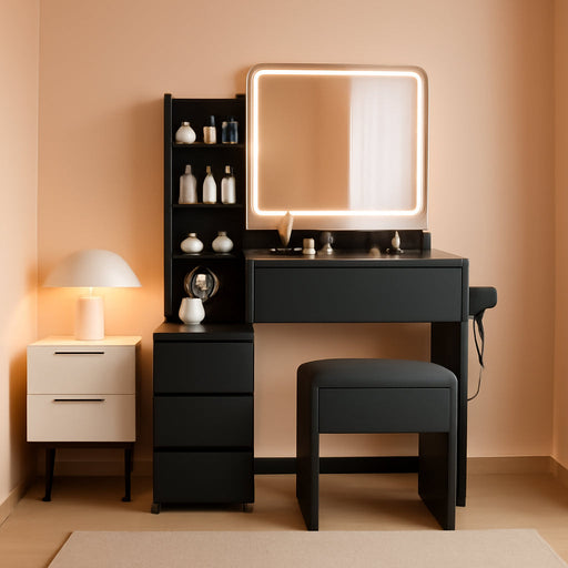 Vanity Desk with Mirror and LED Lights, 36-Inch Makeup Vanity Desk, Power Outlet, USB Ports, Stool, 3 Color Adjustable Light, Dressing Table with 4 Drawers, Storage Shelves for Bedroom, Women, Black