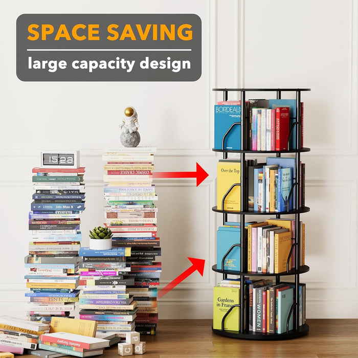 4 Tier Rotating Bookshelf Tower, 360 Display Stackable Spinning Bookcase, Space Saving Revolving round Book Shelf, Floor Standing Swivel Corner Organizer, Black