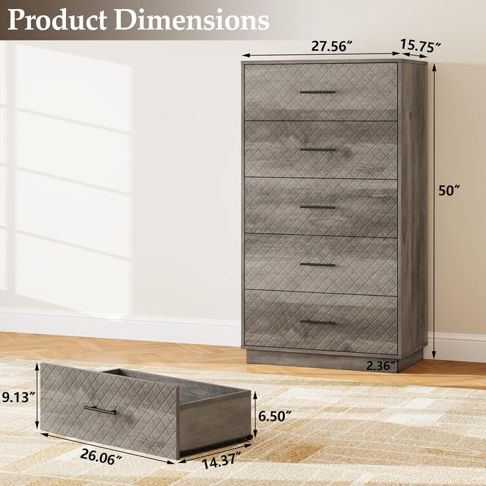 Tall Dresser with 5 Drawers, Modern Wooden Chest of Drawers with Diamond Panel, Anti-Tipping Device, Sturdy and Stable Storage Organizer for Bedroom, Hallway, Living Room