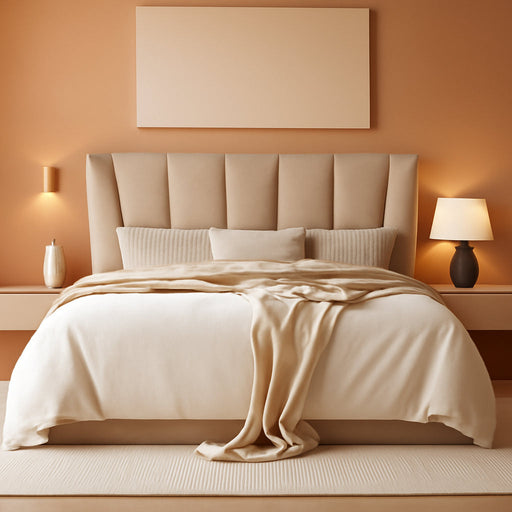 King Size Platform Bed Frame with Geometric Wingback Headboard, Boho Upholstered Bed with Wooden Slats Support, No Box Spring Needed, Easy Assembly, Beige