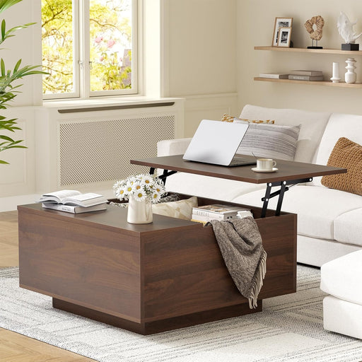 Lift Top Coffee Table, Wood Square Coffee Table with Storage, Farmhouse Coffee Tables with Hidden Storage Compartment, Center Table with Lifting Tabletop for Living Room, Home Office, Walnut