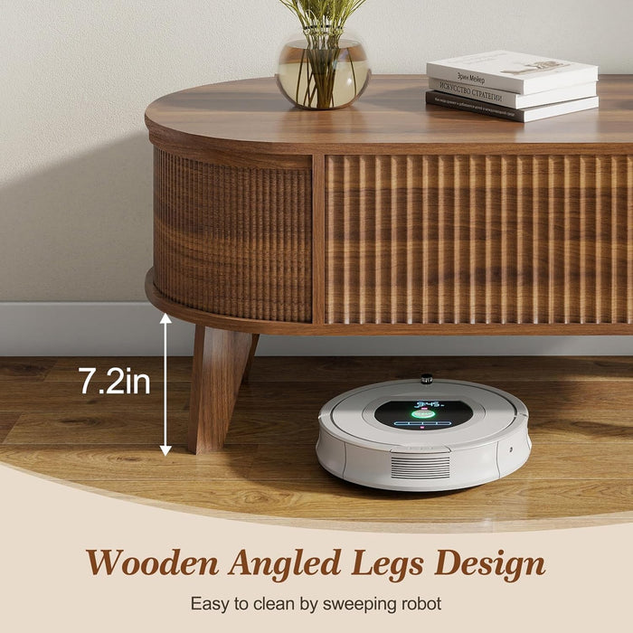 Fluted Lift Top Coffee Table with Storage,Modern Oval Coffee Table for Living Room or Home Office（Walnut）