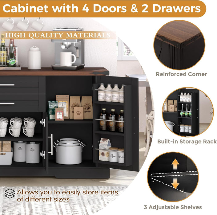 63" Farmhouse Barn Door Sideboard Buffet Cabinet with Storage – 2 Drawers, Adjustable Shelves, Door Rack, Kitchen Buffet, Large Sideboard Buffet Cabinet, Cabinet for Dishes, Black