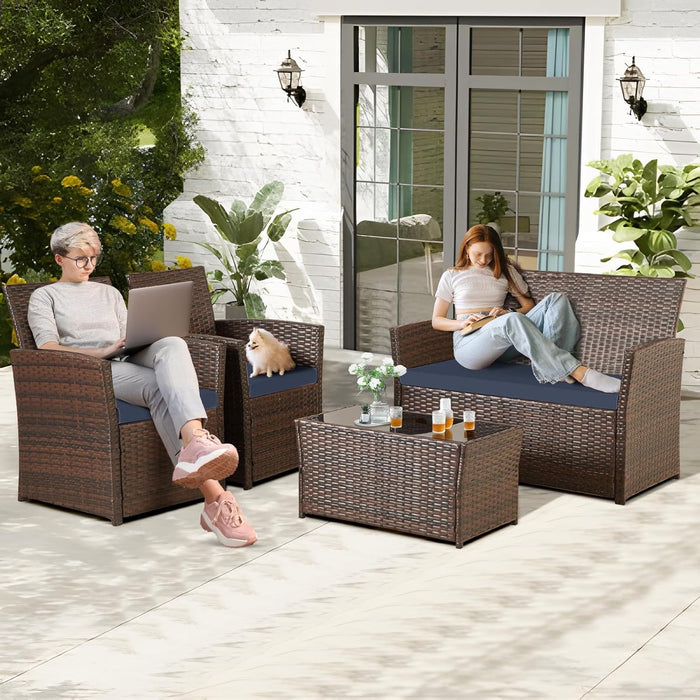4 Piece Outdoor Patio Furniture Sets, Wicker Sectional Conversation Sofa Set, Rattan Table and Chairs and Loveseat with Cushions for outside Balcony Porch Backyard (Brown-Blue)