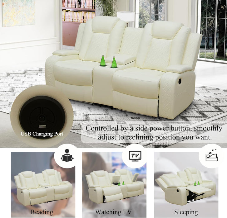 Leather Power Recliner Sofa Set with LED, Living Room Furniture Set, Leather Sofa Set with USB Port Storage Console Cup Holder (Power Reclining Sofa Set, Cream White)