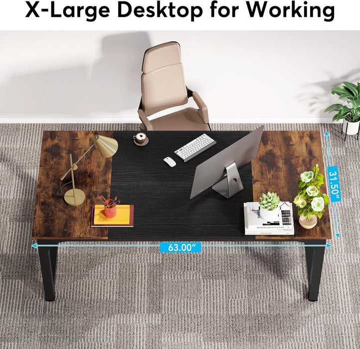 63 Inch Large Executive Computer Office Desk, Brown+Black
