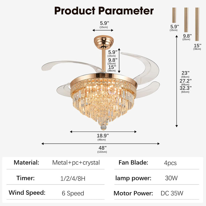 48" Crystal Retractable Ceiling Fan with Light - (Glam, Gold)
