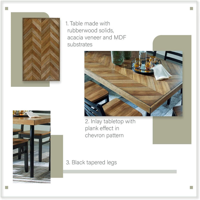 Blondon Rectangular Dining Room Table Set with 6 Chairs, Chevron Pattern, Tapered Legs, Seats 6, Wood, 60" Long, Brown & Black