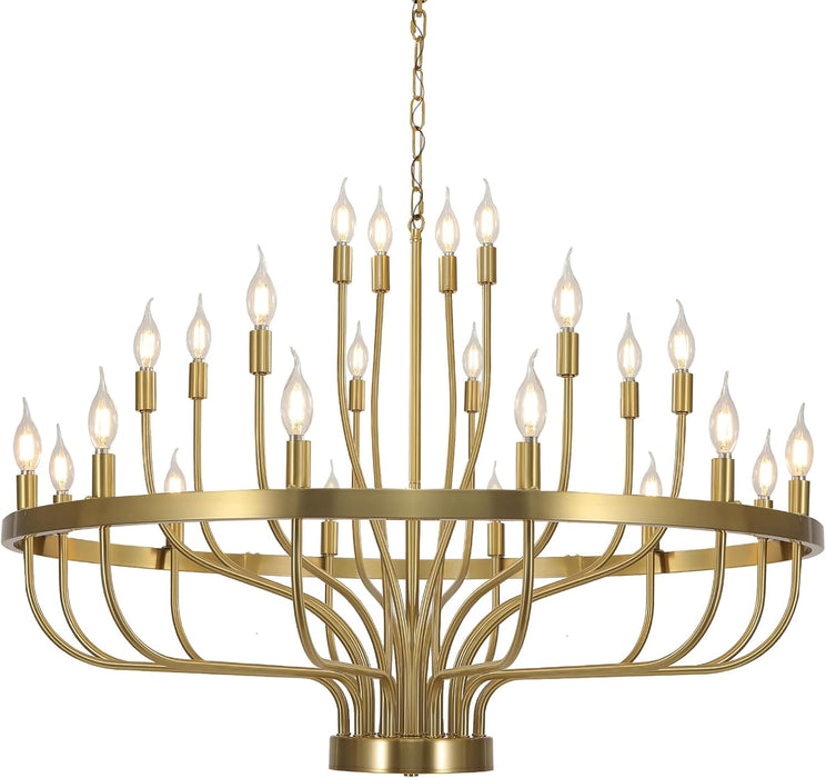 Gold Chandelier 24 Light Large Chandelier for High Ceilings, Farmhouse Wagon Wheel 39In 3-Tier for Dining Room, Hallway, Living Room, Foyer