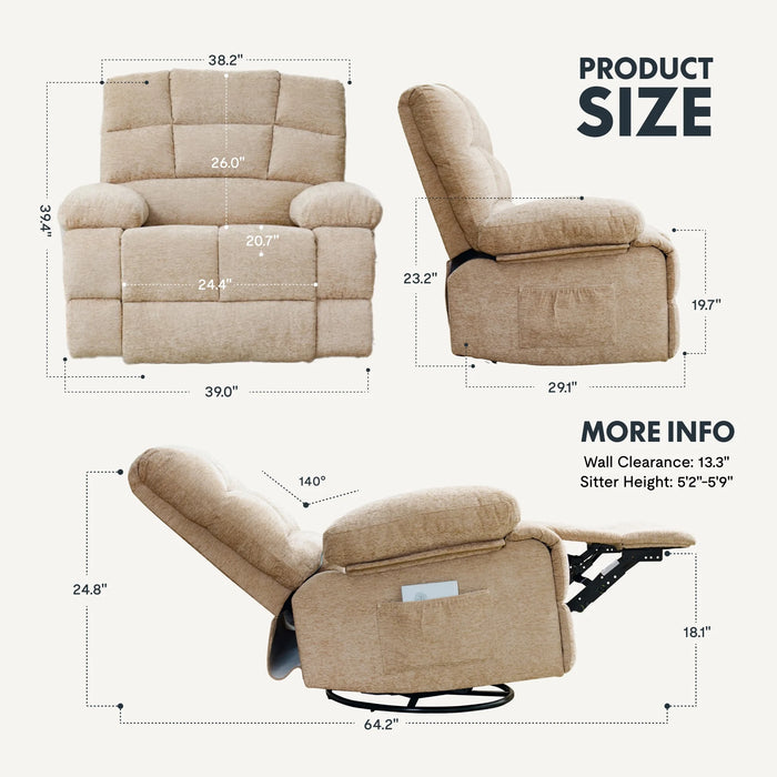 Oversized 360° Swivel Rocking Glider Recliner Chair Massage&Heat Manual Reclining Sofa Large Swivel Rocker Recliner Sofa for Big Man