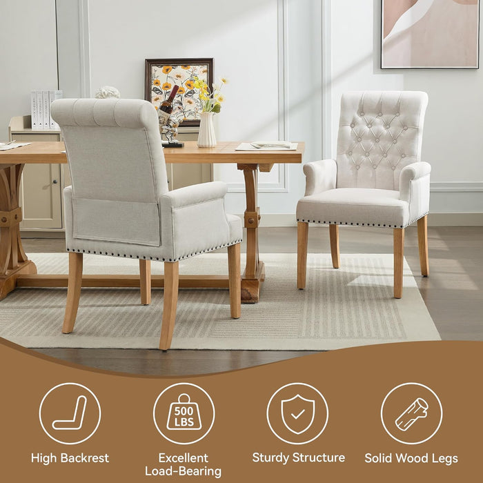 Fabric Dining Chair with Arms, Upholstered Tufted High Back Dining Room Chairs, Accent Armchair with Solid Wood Leg and Nailhead Trim, Kitchen Dining Living Room, Beige