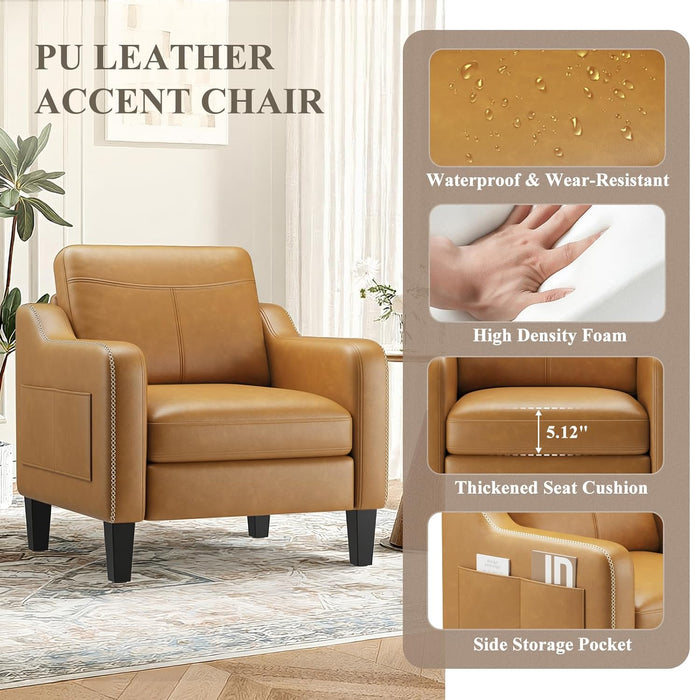 PU Leather Accent Chair, Mid-Century Modern Living Room Armchair Sofa with Removable Cushions, Solid Wood Frame & Stitched Armrest Design, Bedroom Chair with Plastic Legs, Brown