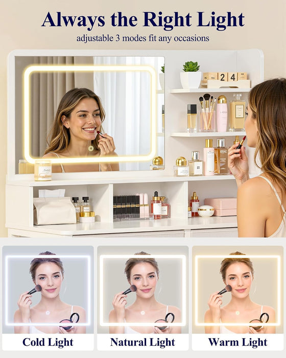 Small Makeup Vanity with Lights, Open Shelves, Fabric Drawers | Bedroom, Gifting, 3 Lighting Modes, Stable Frame, 31.5" X 15.8" X 51.2"