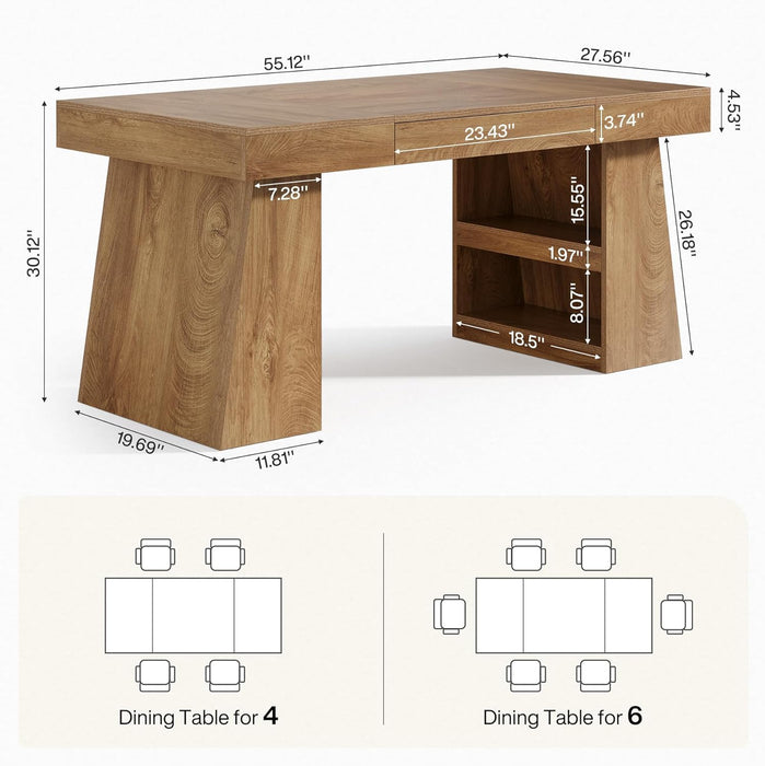 Dining Table for 4-6 People, 55-Inch Wooden Kitchen Table for Dinner with Storage Drawer and Shelves, Farmhouse Rectangle Furniture for Dining Room, Kitchen, Home, Brown