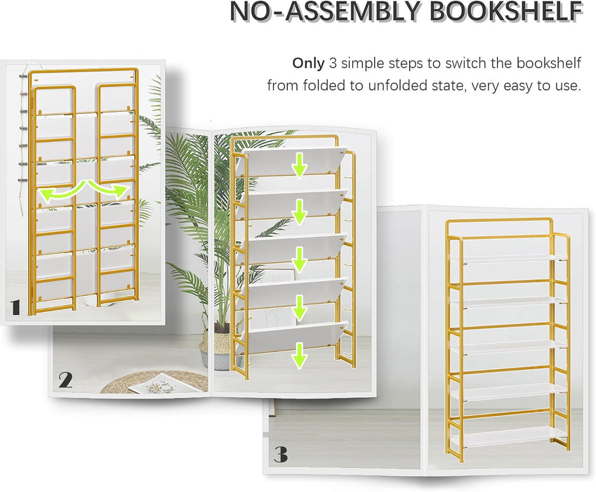 No Assembly Extra Wide 5 Tier Folding Bookshelf Tall Storage Shelves Vintage Bookcase Standing Racks for Bedroom Living Room Home Office