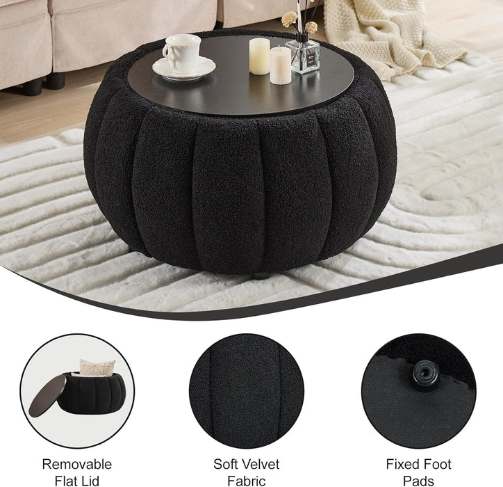 30 Inches Large round Storage Ottoman, Modern Upholstered Ottoman Coffee Table, Wooden Top, Soft Teddy Fabric Surface, for Living Room, Bedroom, Pumpkin Shape, Black
