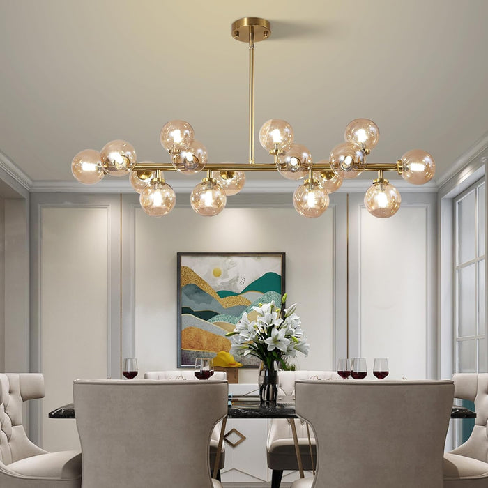 Gold Rectangular Chandelier With Amber Glass Globe