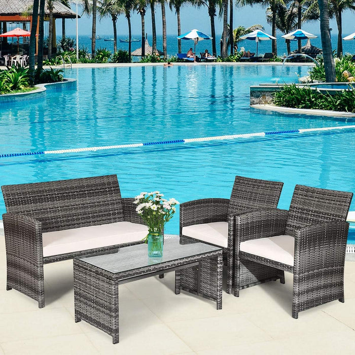 4 PCS Wicker Patio Conversation Set, Outdoor Rattan Sofas with Table Set, Patio Furniture Set with Soft Cushions & Tempered Glass Coffee Table for Poolside Balcony