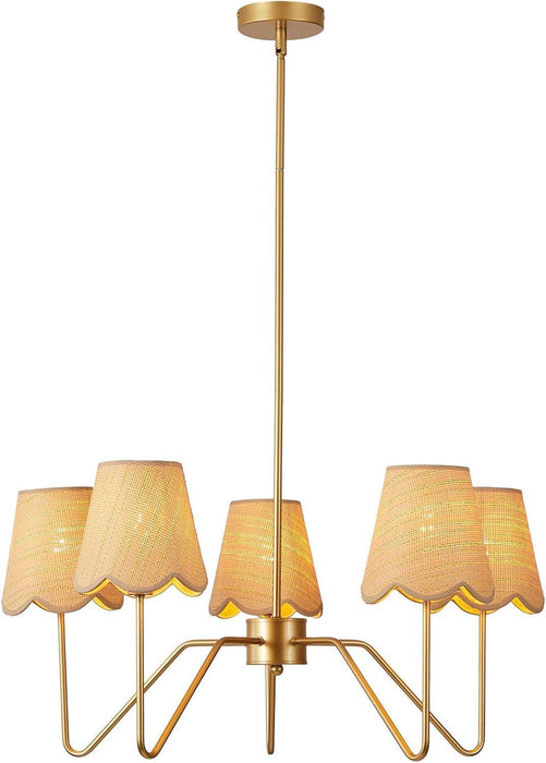 28" Rattan Chandelier, Large Modern Pendant Light Fixtures with Flower Shades Antique Brass Brush Paint Finish for Dining Room, Kitchen Island, Foyer, Living Room 5-Light