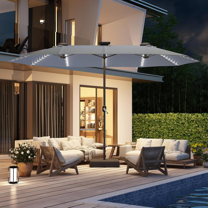 15Ft Double-Sided Patio Umbrella with Solar Lights, Outdoor Rectangle Market Large Patio Umbrella with Base Include|Crank Handle|156 PCS LED Lights for Garden Deck Pool in Grey(1.9" Pole)