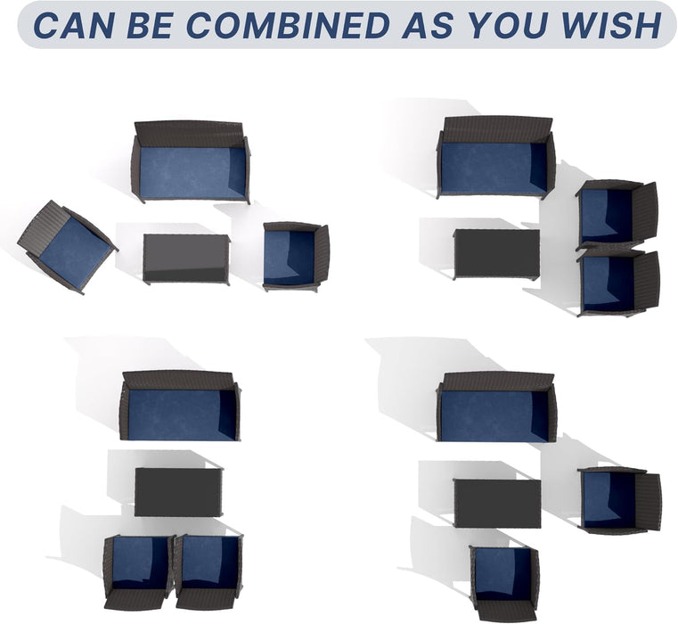 4-Piece Outdoor Patio Furniture Set, Wicker Rattan Chairs & Sofa with Cushions and Glass Coffee Table, Conversation Set for Backyard, Lawn, Porch, Pool, Garden (Navy-2)