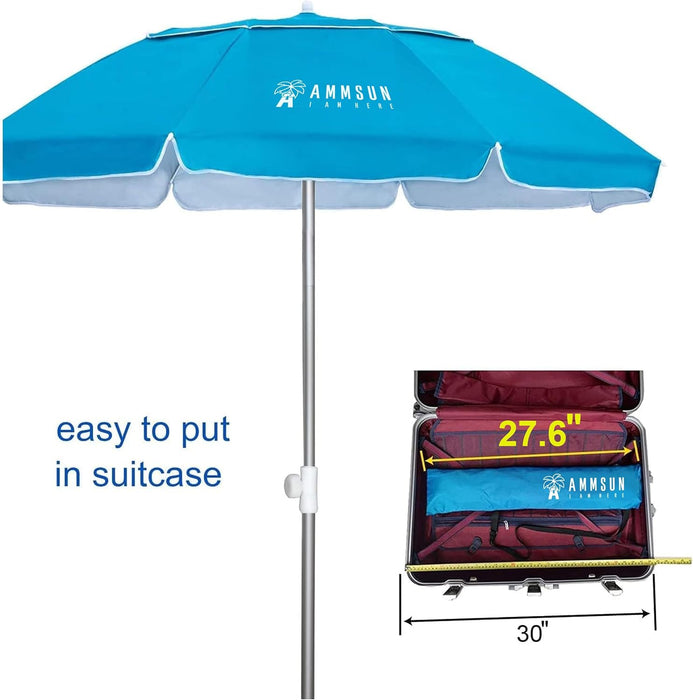 6.5Ft Twice Folded Portable Beach Umbrella with Sand Anchor Windproof Tilt Pole Air Vent UPF 50+ Protection Fits in a Large Suitcase for Travel Patio Garden Pool Backyard Sky Blue