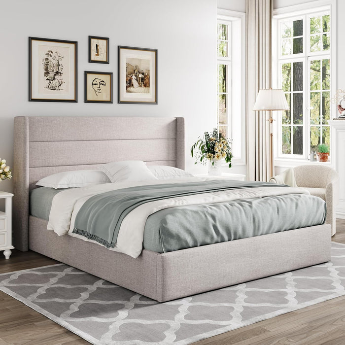 Queen Size Lift up Storage Bed, Modern Wingback Headboard, Hydraulic Support, No Box Spring Needed, Light Beige