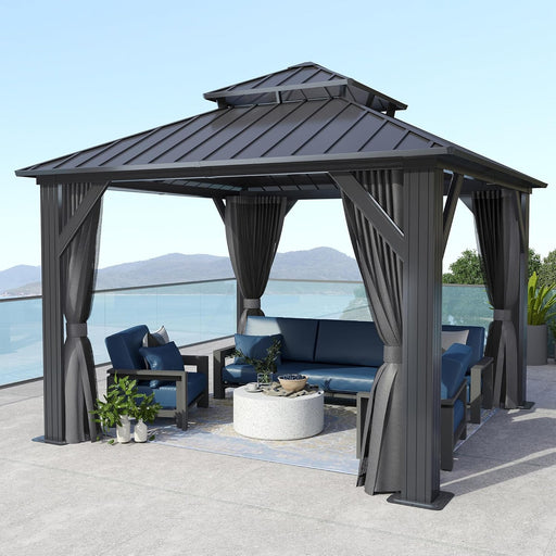 10'X10' Outdoor Hardtop Gazebo with Double Roof - Heavy-Duty Galvanized Steel Top Aluminum Frame Gazebo with Breathable Netting & Privacy Curtain for Patio, Porch, Garden, Lawn, Deck, Backyard