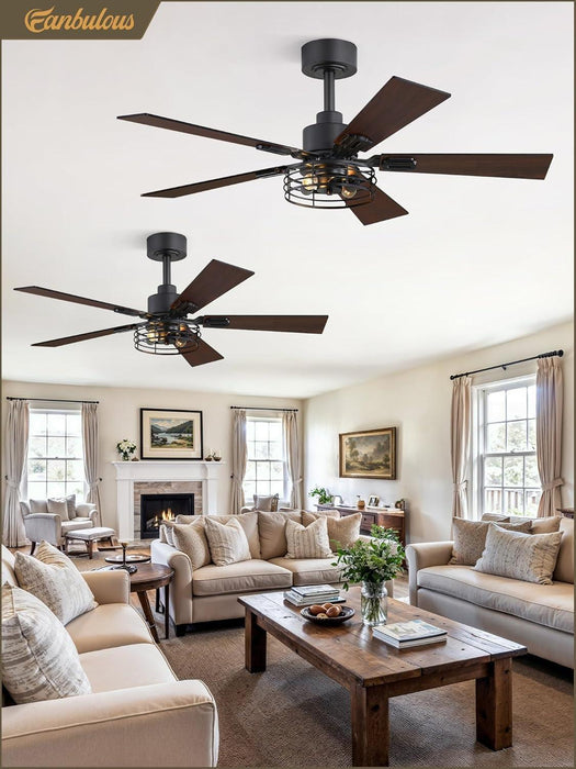 2 Pack Farmhouse 42 Inch Ceiling Fans with Lights, Black Industrial Caged Ceiling Fans for Bedroom Living Room, Double-Sided 5 Blades Rustic Ceiling Fan
