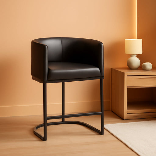 Black Modern Barrel Counter Height Clearance Bar Stools Set of 3, 24 Inch PU Leather Kitchen Barstools with Back for Island, with Black Metal Tubular Frame
