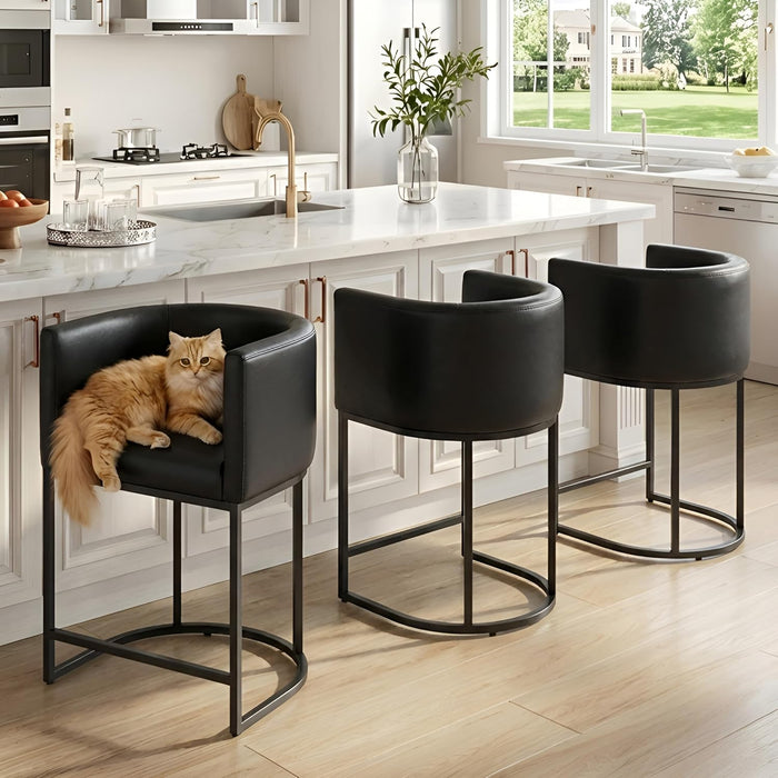 Black Modern Barrel Counter Height Clearance Bar Stools Set of 3, 24 Inch PU Leather Kitchen Barstools with Back for Island, with Black Metal Tubular Frame