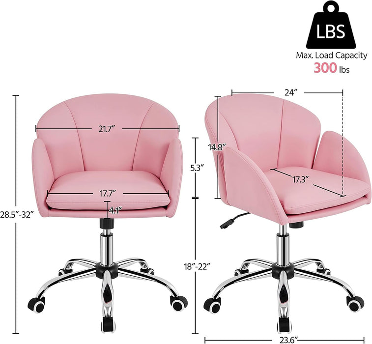 Cute Petal Desk Chair Home Office Chair Swivel Upholstered Leather Desk Chair Makeup Vanity Chair with Armrests for Bedroom Modern Computer Rolling Chair for Women Simple Pink