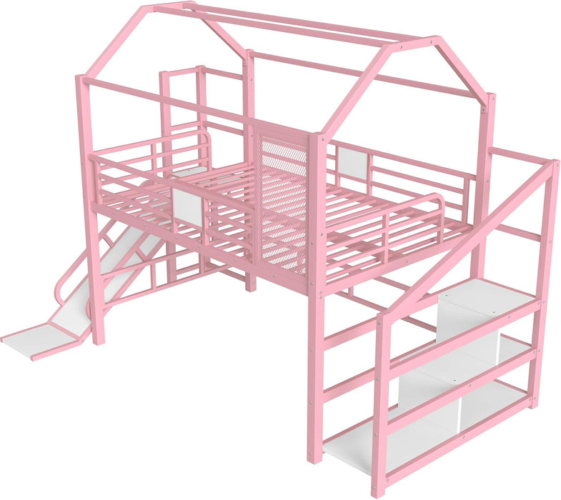 House Loft Bed Full Size, Full Size Loft Bed with Storage Stairs and Open Wardrobe, Heavy Duty Loft Beds with Slide for Girls, Boys, Noise-Free Design Pink