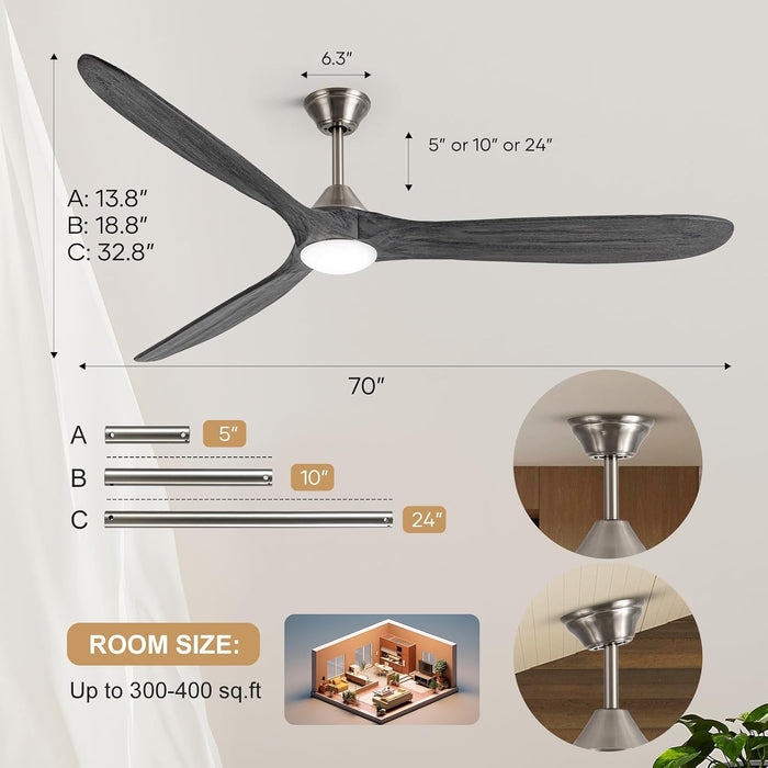 70 Inch Large Ceiling Fan with Light Remote, 3 Grey Wood Blades