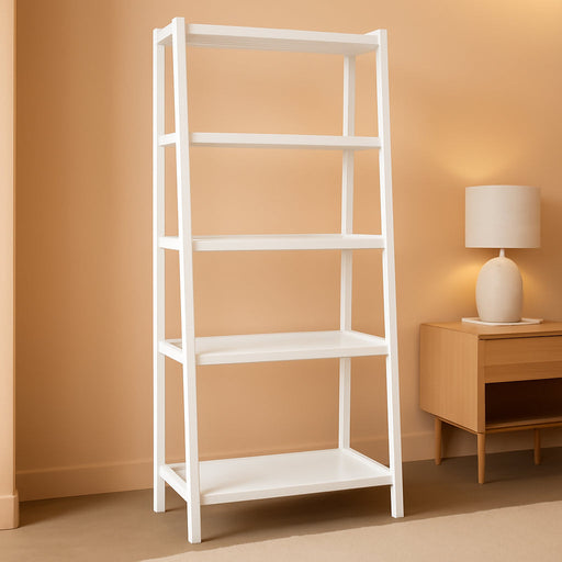 5-Tier Sturdy Rubberwood Ladder Bookshelf, Freestanding Storage Organizer Bookcase, Display Shelf for Small Space, White, 25.98" W X 74.48" H X 15.03" D